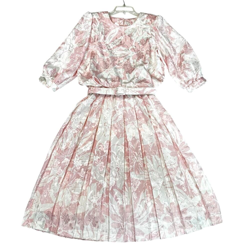 Vintage 80s Von Bramlett Pink Floral Metallic Secretary Dress Size Medium
